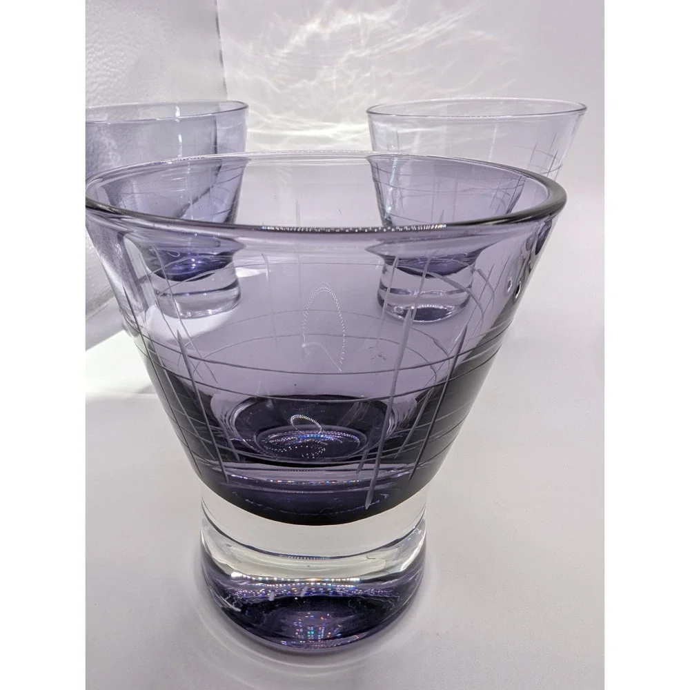 Vintage Purple Etched Heavy Base Old Fashioned Cocktail Glasses Set of 4
